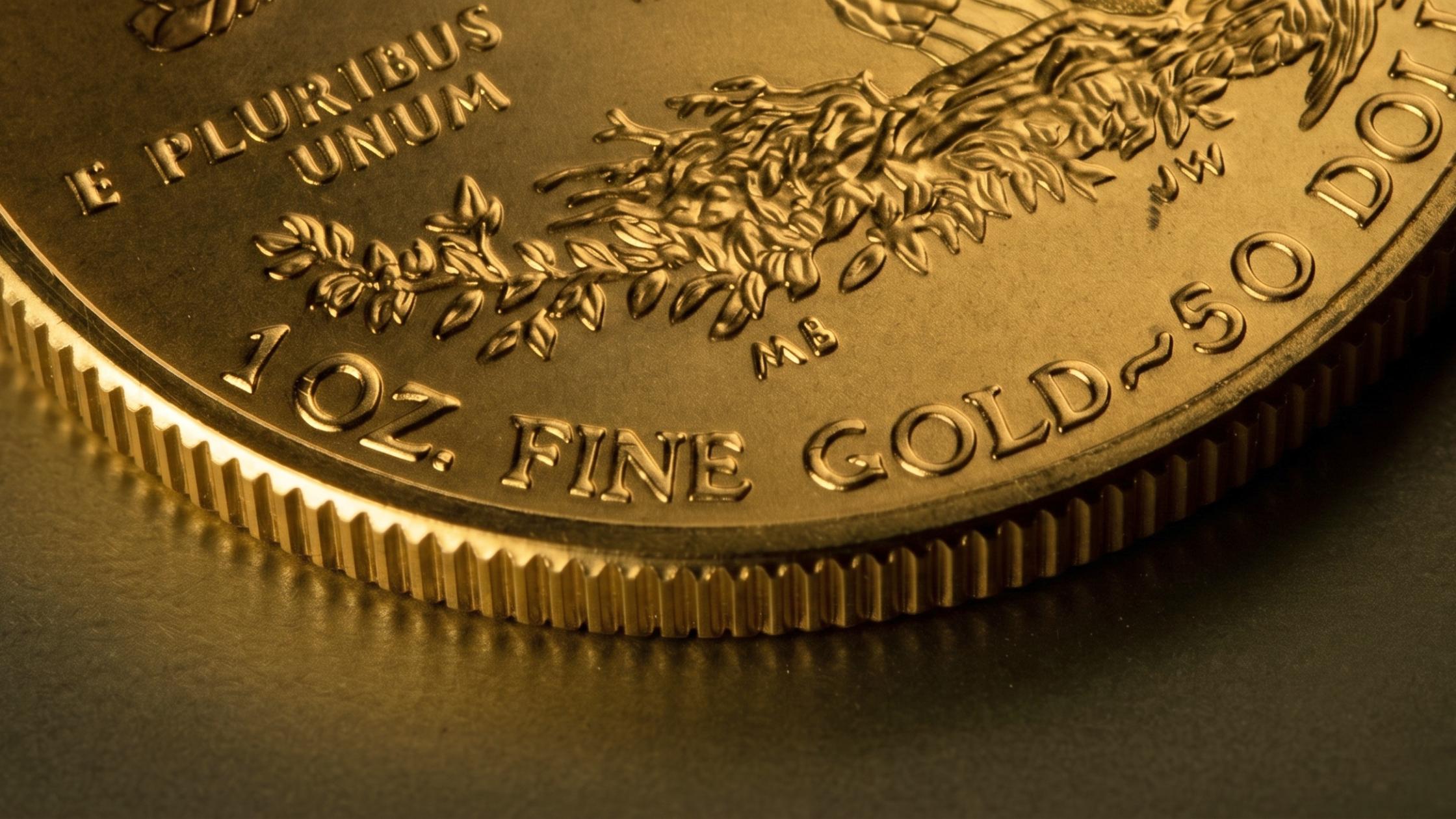 Close-up of an ounce-coin of gold bullion.